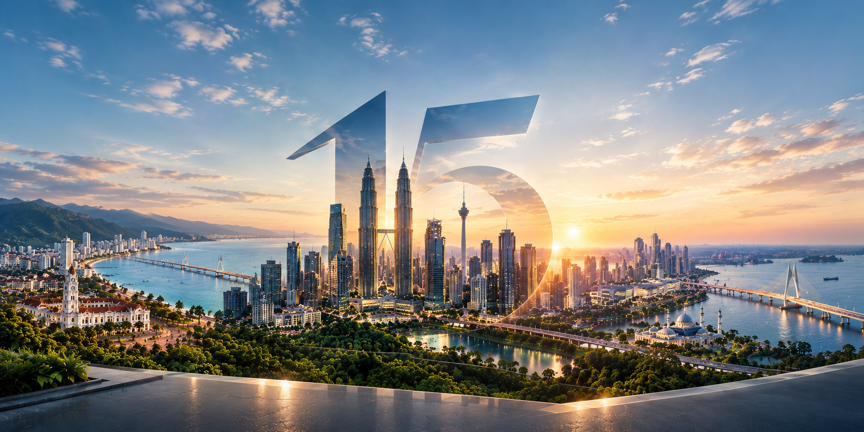 Malaysian city skyline with the Petronas Twin Towers, KL Tower and coastal bridges at sunset, framed by a large numeral 15