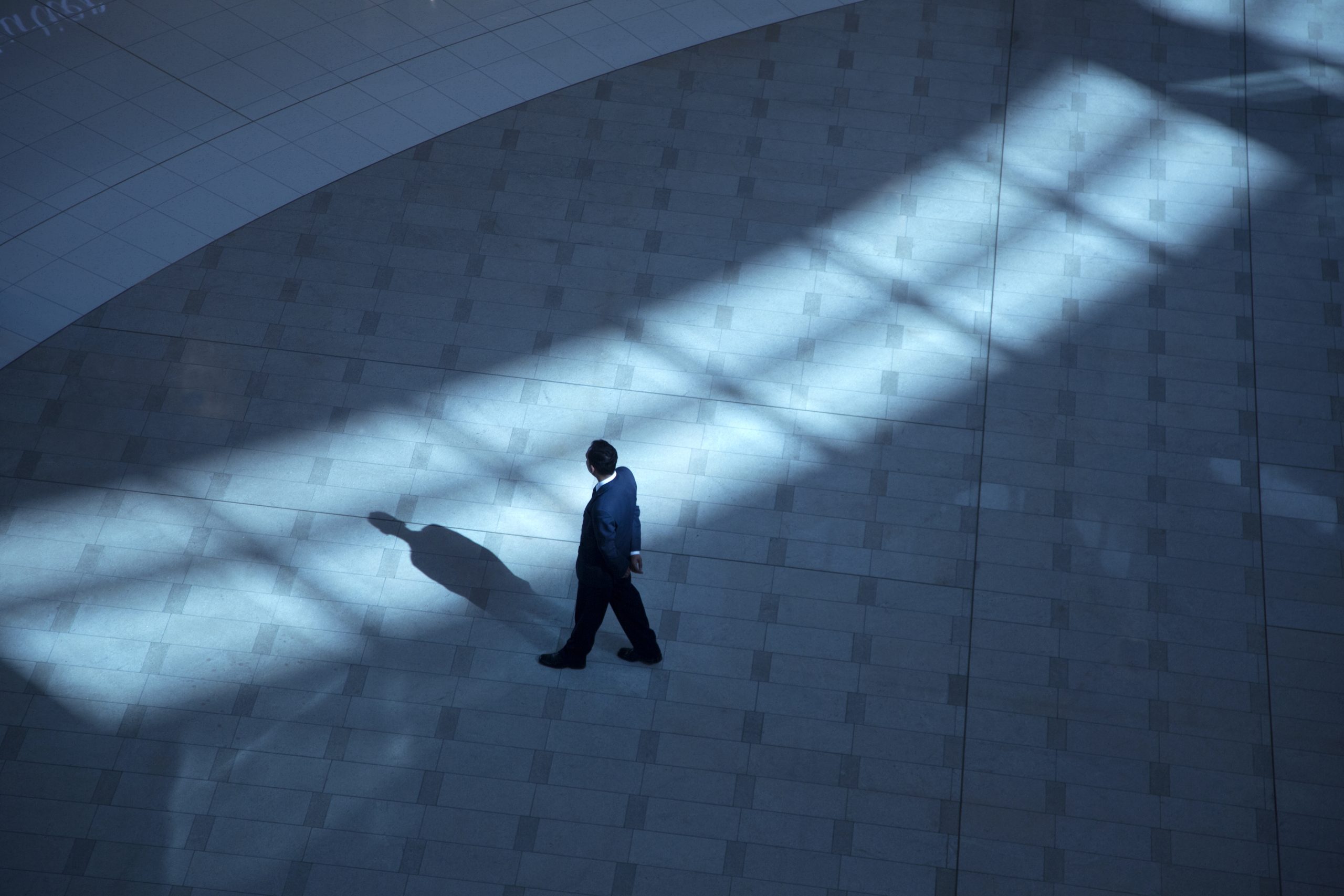 High angle view of man standing in foyer of building, castin